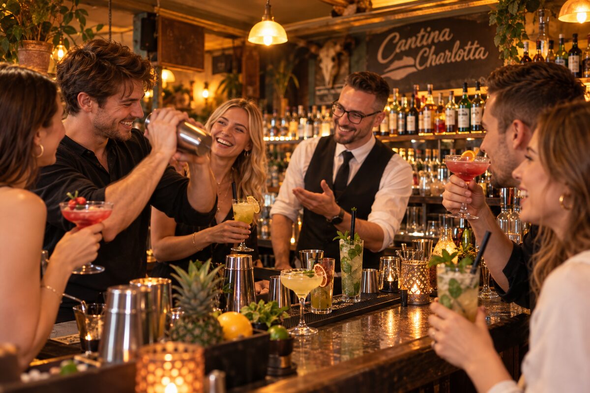 Gast mixt beim Cocktailkurs am Shaker